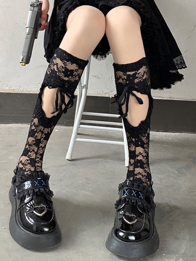 Black Gothic Lolita Hollow Out Lace Bowknot Knee Socks