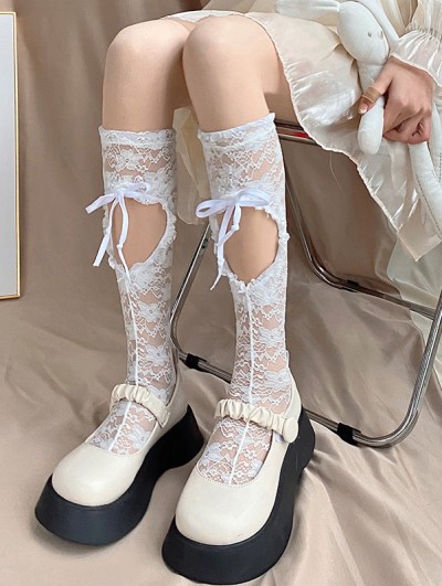 ◇ODD ONE OUT◇ ODDONEOUT LACE KNEE SOCKS BLACK Black Gothic Lolita Hollow Out Lace Bowknot Knee Socks