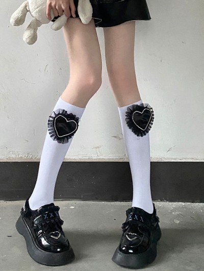 Black Gothic Lolita Cotton Love Knee High Socks - DarkinCloset.com