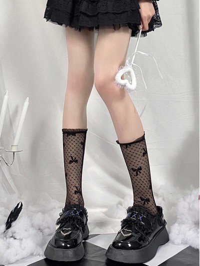 Black Gothic Lace Ultra-Thin Mesh Polka Dot Bow Knee Socks