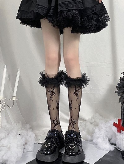 Black Gothic Lolita Lace Mesh Sheer Knee Socks
