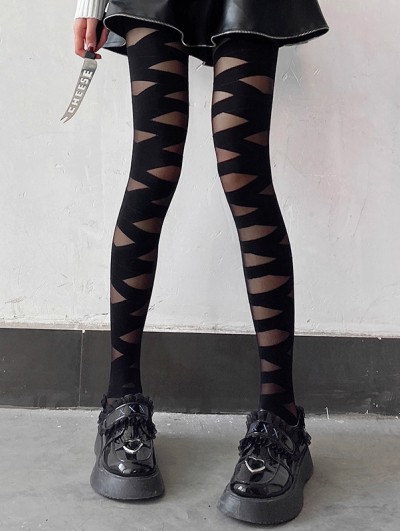Black Gothic Sexy Cross Strap Patterned Tights