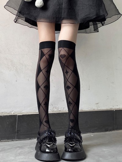 Black Gothic Sheer Poker Pattern Thigh High Socks