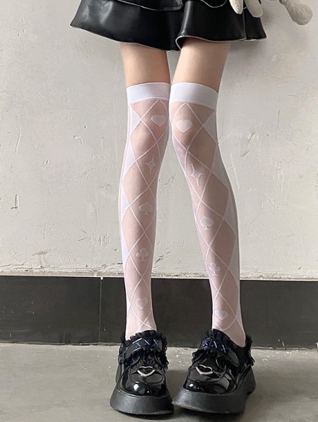 Black Gothic Sheer Poker Pattern Thigh High Socks - DarkinCloset.com