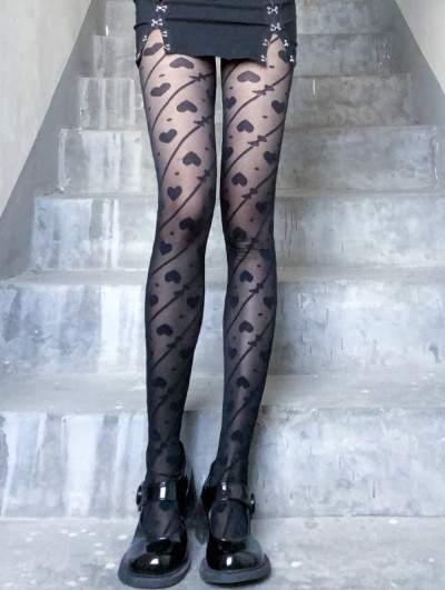 Black Gothic Sexy Sheer Heart Printed Tights - DarkinCloset.com