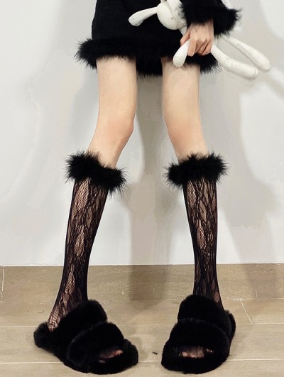 Black Gothic Lace Hollow Feather Trim Knee Socks