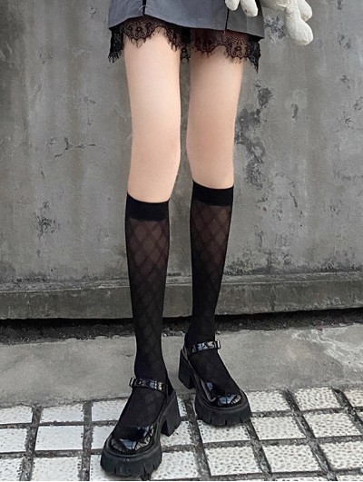 Black Gothic Velvet Diamond Pattern Knee Socks