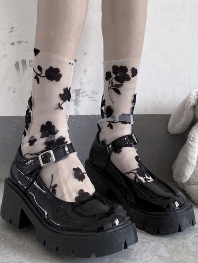 Black Gothic Dark Rose Sheer Mid-Calf Socks