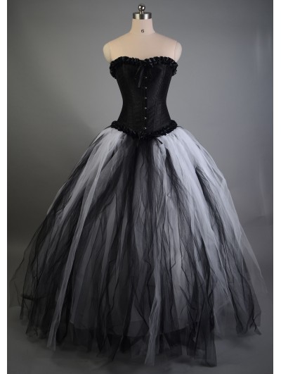 Rose Blooming Romantic Black and White Gothic Corset Long Prom Dress