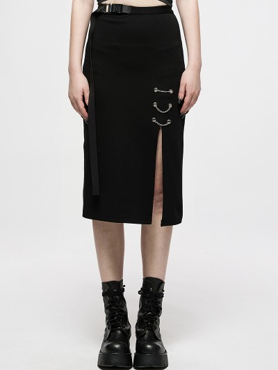 Punk Rave Black Gothic Punk Grunge Chain Embellished Long Slit Skirt