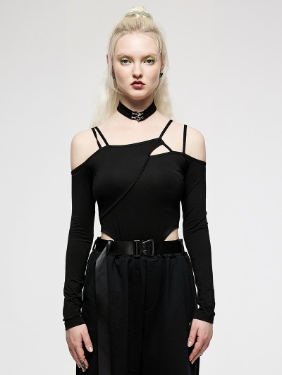 Punk Rave Black Gothic Hot Girl Asymmetric Hollow Out Long Sleeve Jumpsuit for Women