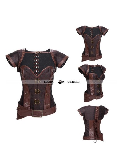 Brown Brocade Steampunk Overbust Corset with Jacket