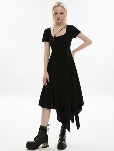 Punk Rave Black Gothic Square Neck Fitted Daily Wear Irregular Long Dress