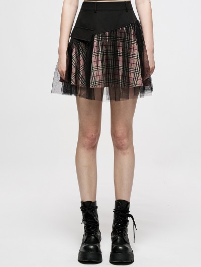 Punk Rave Black and Pink Plaid Gothic Grunge Mesh High Waist Short Skirt