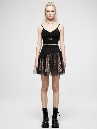 Punk Rave Black and Pink Plaid Gothic Grunge Mesh High Waist