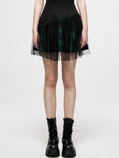 Punk Rave Black and Green Plaid Gothic Grunge Mesh High Waist Short Skirt