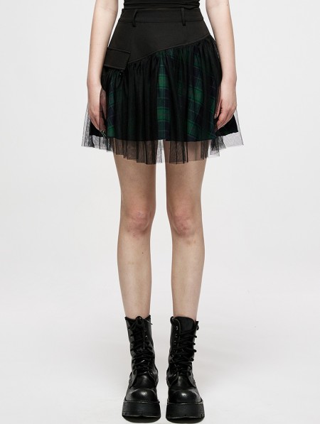 Punk Rave Black and Green Plaid Gothic Grunge Mesh High Waist Short ...