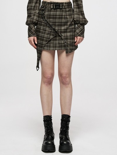 Punk Rave Black and Brown Plaid Gothic Punk Grunge Asymmetric Short Skirt