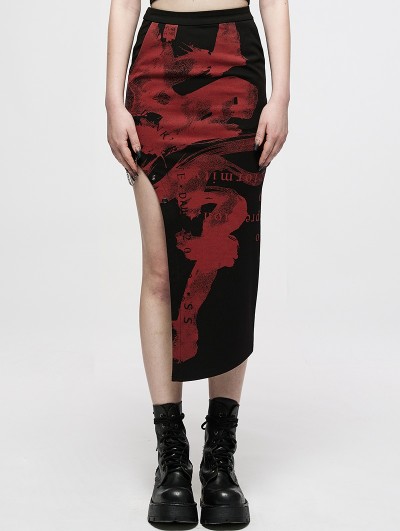 Punk Rave Black and Red Sexy Gothic Punk Handwritten Ink Print Asymmetric Long Skirt
