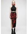 Punk Rave Black and Red Sexy Gothic Punk Handwritten Ink Print Asymmetric Long Skirt