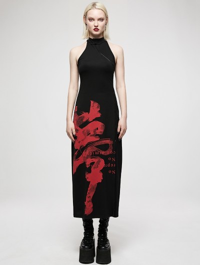 Punk Rave Black and Red Sexy Gothic Punk Chinese Style Handwritten Ink Print Long Dress