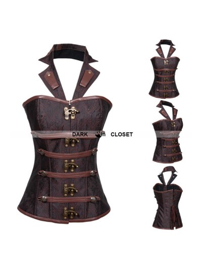 Brown Brocade Steampunk Underbust Corset with Collar