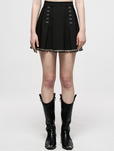 Punk Rave Black Gothic Punk Metal Buckle Pleated Short Skirt