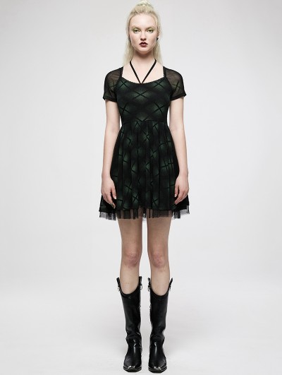 Punk Rave Black and Green Plaid Gothic Gauze Spliced Short Dress