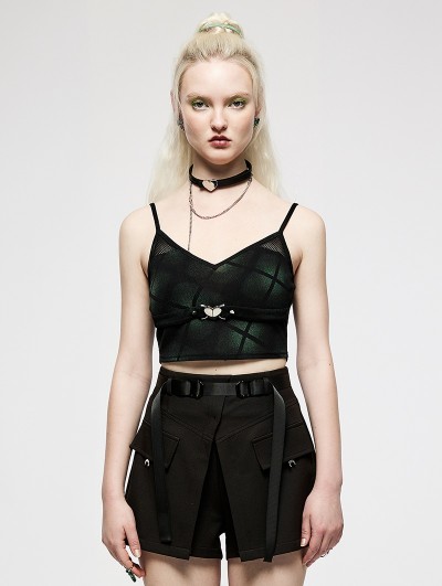 Punk Rave Black and Green Plaid Gothic Grunge Daily Wear Gauze Spliced Crop Top for Women
