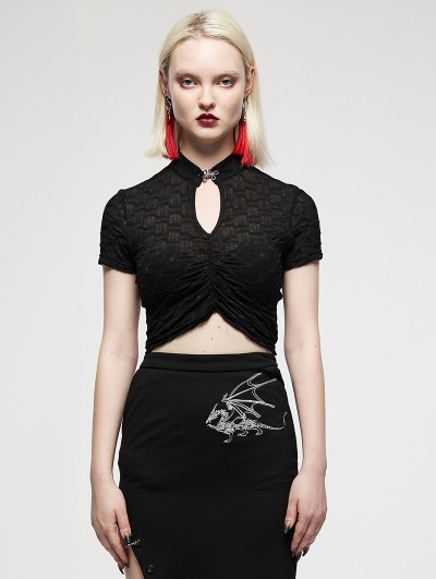Punk Rave Black Gothic Chinese Style Sheer Short-Sleeved T-Shirt for Women