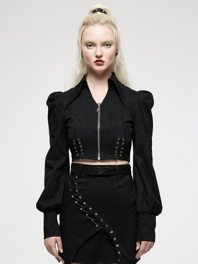 Punk Rave Black Gothic Dark Pattern Jacquard Short Jacket for Women
