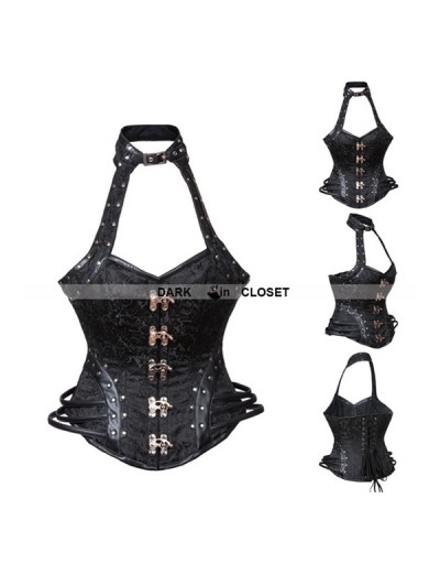 Overbust Corset Black Genuine Leather Halter Steampunk F11416