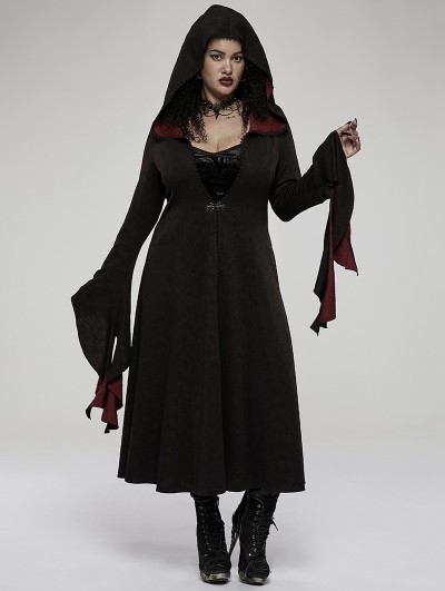 Punk Rave Black and Red Gothic Retro Wizard Long Hooded Plus Size Coat for Women