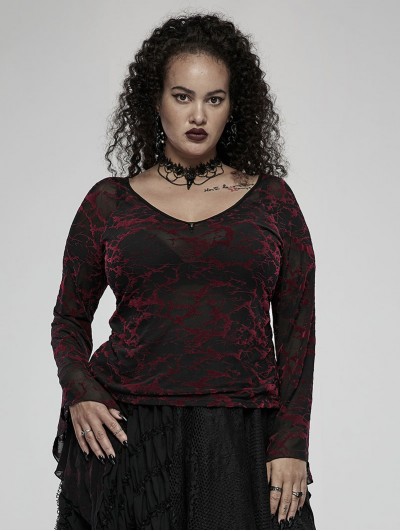 Punk Rave Black and Red Gothic Daily Wear V-Neck Mesh Plus Size T-Shirt for Women