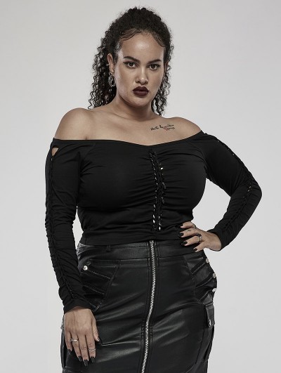 Punk Rave Black Gothic Off-the-Shoulder Long Sleeve Knit Plus Size T-Shirt for Women