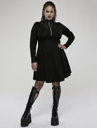 Punk Rave Black Gothic Punk High Neck Long Sleeve Daily Wear Plus Size Dress