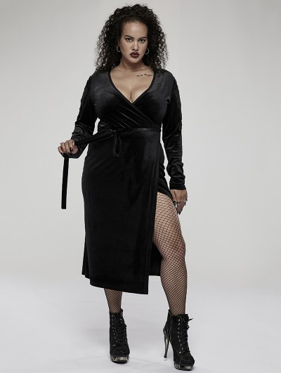 Punk Rave Black Gothic Sexy V-Neck Velvet Slit Long Sleeve Plus Size Dress