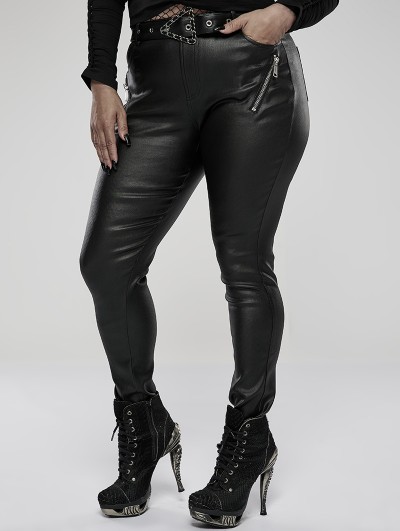 Punk Rave Black Gothic Punk PU Leather Long Plus Size Trousers for Women