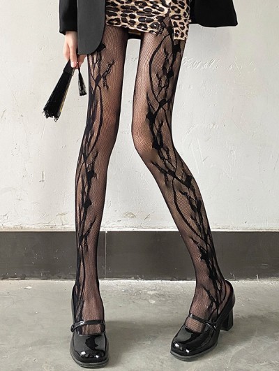 Black Gothic Sexy Floral Pattern Fishnet Tights
