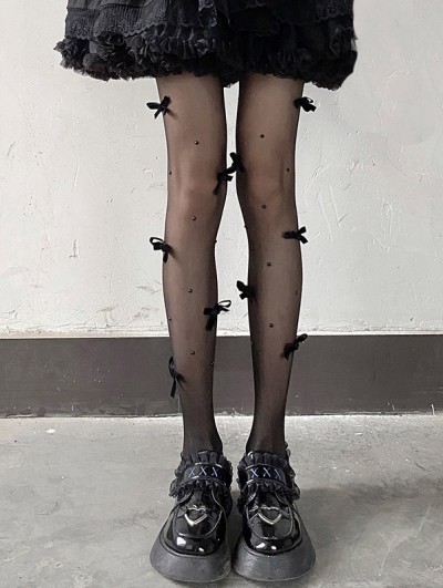 Black/White Gothic Sweet Pearl Bowknot Sheer Tights