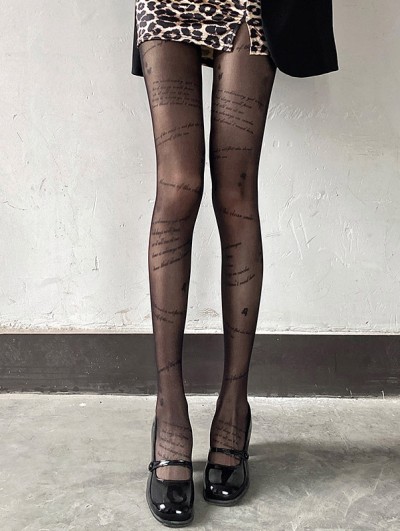 Black Gothic Sexy Rose Letter Patterned Sheer Tights