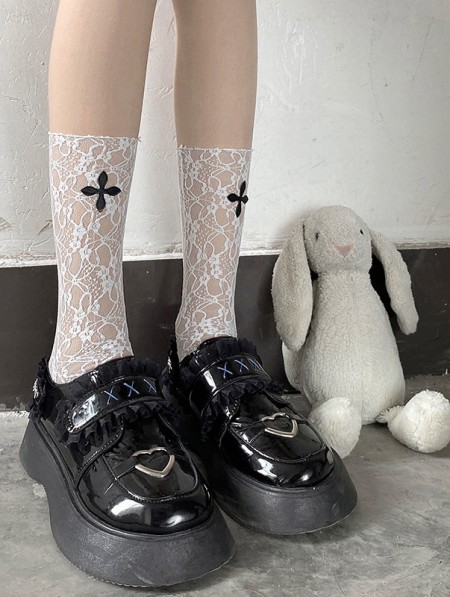 Black/White Gothic Lace Mesh Mid-Calf Socks - DarkinCloset.com
