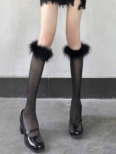 Black/White Gothic Fluffy Feather Sheer Knee Socks