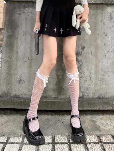 Black/White/Ivory Gothic Ruffle Bowknot Fishnet Knee Socks