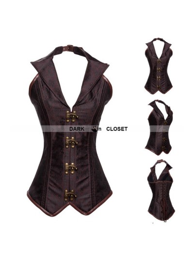 Brown Halter Brocade Steampunk Overbust Corset