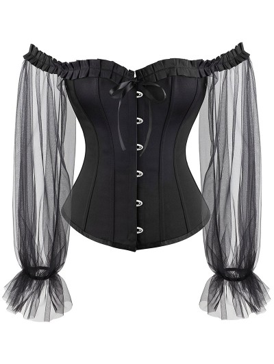 Black Vintage Long Tulle Sleeve Overbust Gothic Corset