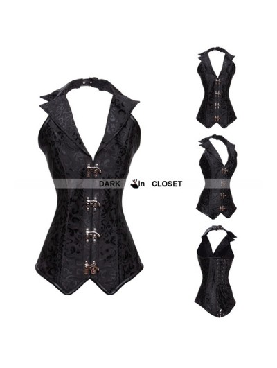 Black Halter Brocade Steampunk Overbust Corset