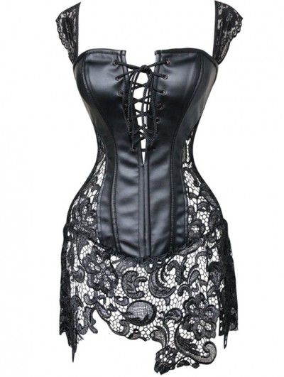 Black Gothic Floral Lace Faux Leather Overbust Corset