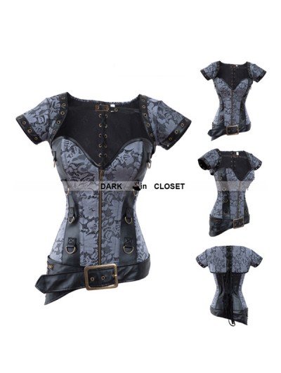 Black Brocade Steampunk Overbust Corset with Jacket