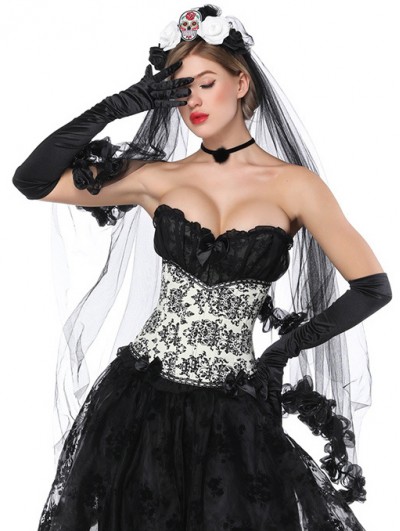 Black and White Retro Lace Mesh Printed Gothic Overbust Corset